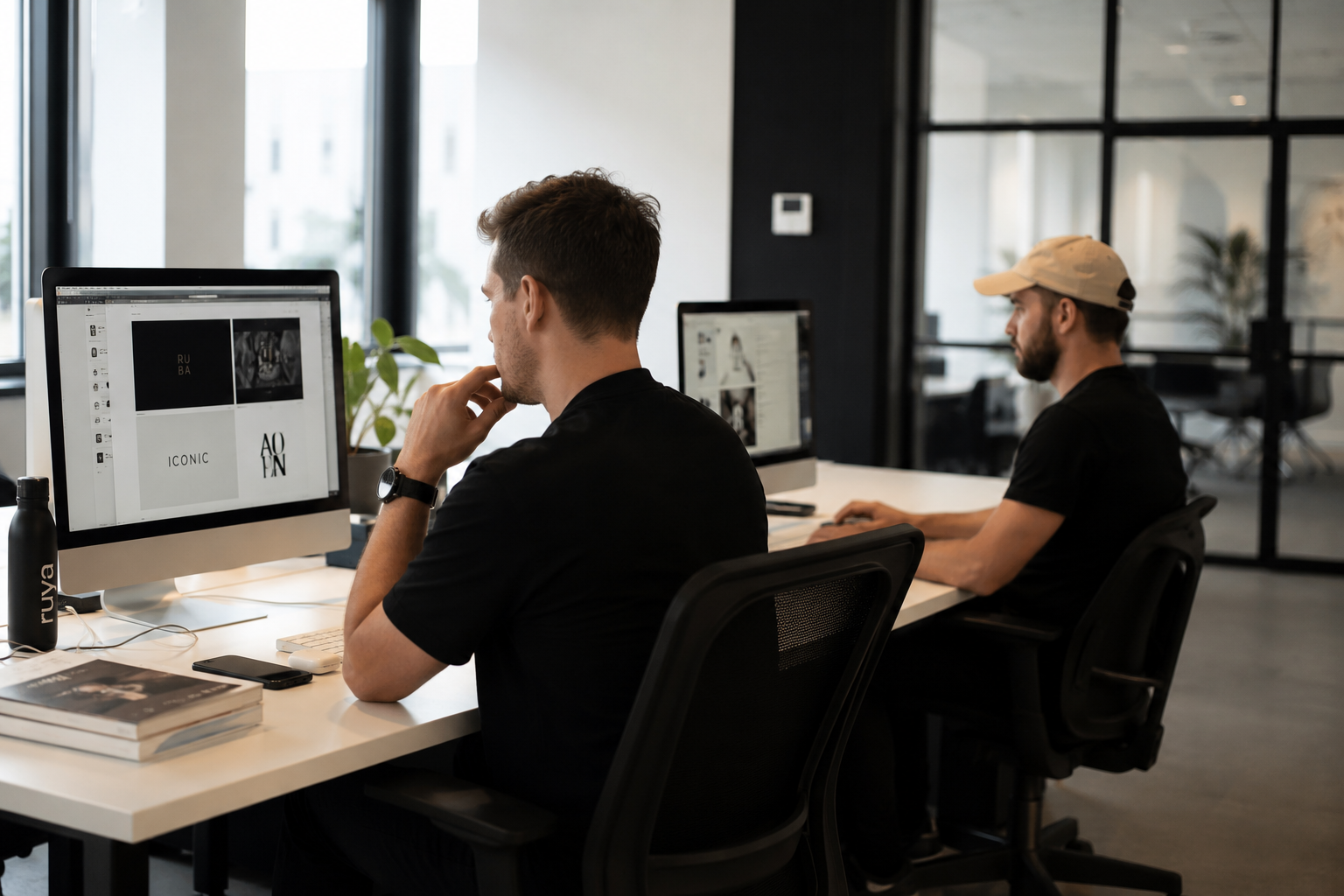 Deux designers au travail dans les bureaux de l'agence, écrans affichant des projets d'identité visuelle