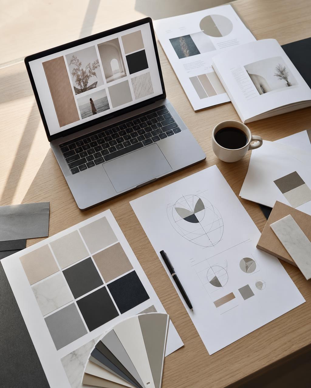 Espace de travail stratégique avec moodboard, échantillons de couleurs, typographie et esquisses d'identité visuelle
